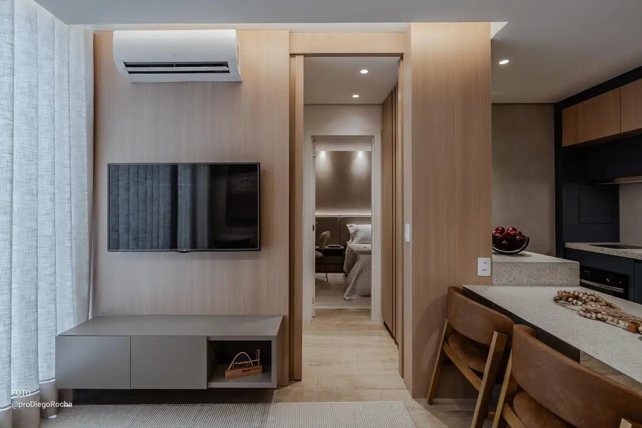 Sala de estar - decorado - Apartamento à venda no Studios 150, com 1 quarto e 36m²