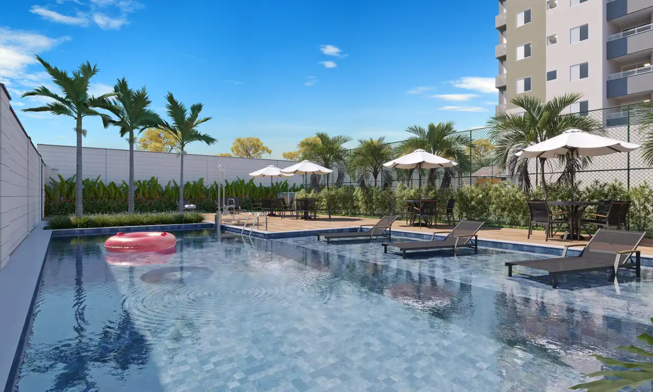 Piscina com deck e prainha - Apartamento à venda no Neo Pampulha Residence - T1 com 2 quartos e 55m²