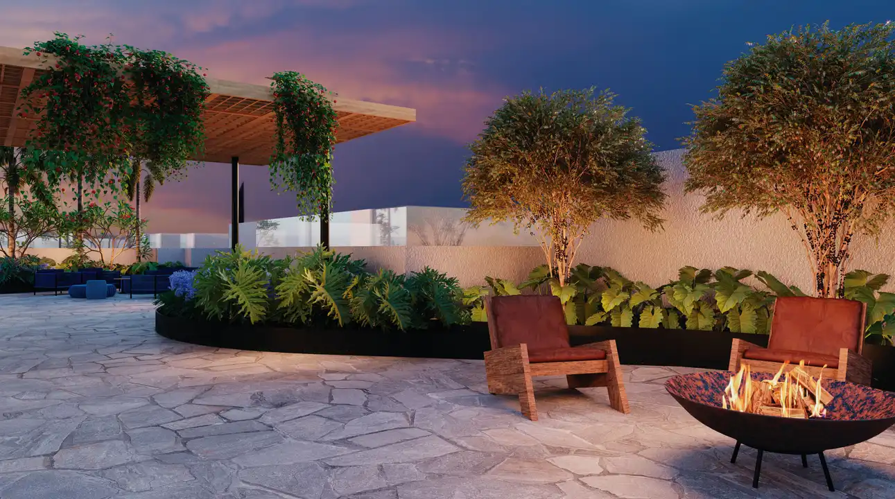 Ampla área de convivência no rooftop