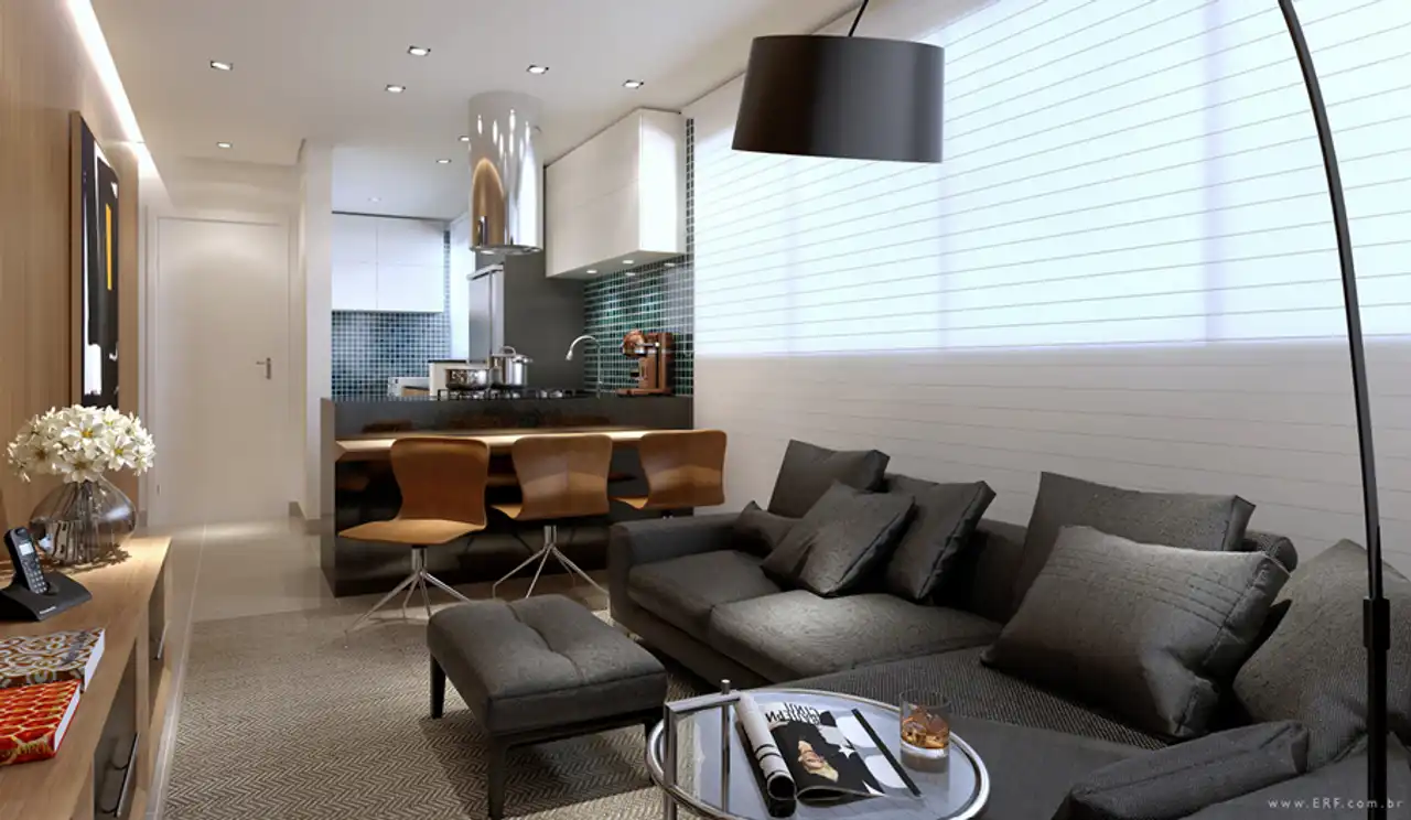 Sala de Estar integrada com a cozinha  - Apartamento à venda no Pantheon Residence, com 1 quarto e 104m²